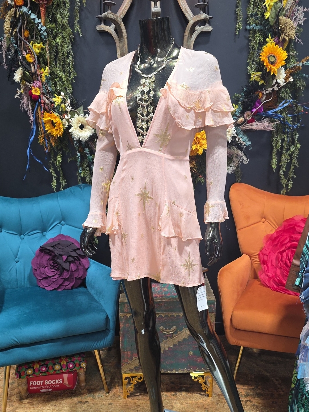 For Love And Lemons Silk  Pink/Peach Ruffle Mini Dress with Gold Star Accents